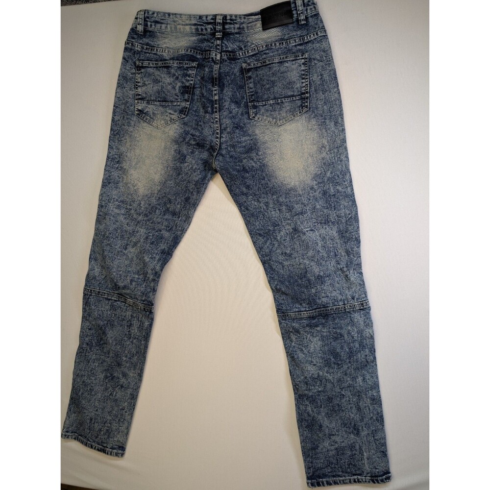 Encrypted NYC Mens Moto Biker Jeans 38x32 Blue Acid Wash Distressed Stretch - Picture 9 of 11